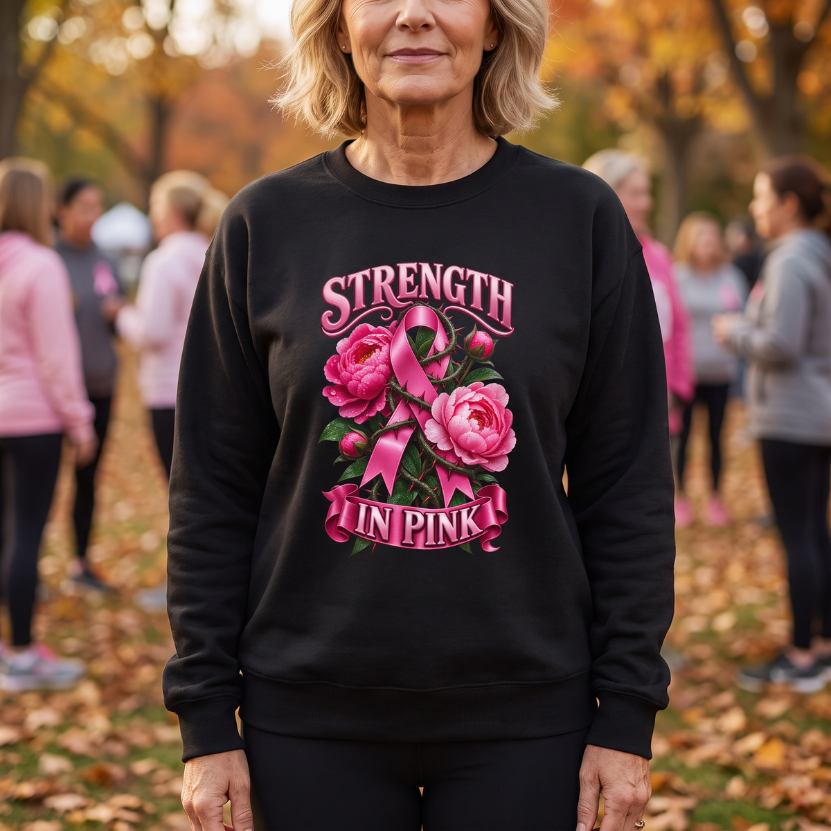 Woman wearing the Strength in Pink breast cancer awareness crewneck sweatshirt outdoors in autumn