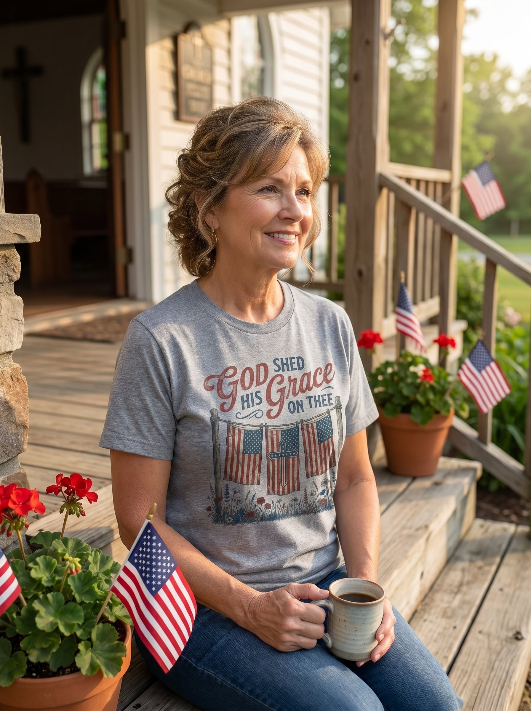 Lifestyle photo of woman wearing God Shed His Grace On Thee Americana T-Shirt