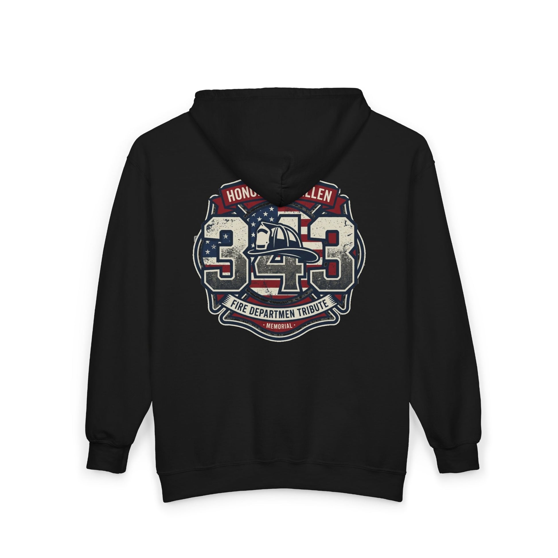 Black hoodie with a "343 Fire Department Tribute Memorial" graphic and firefighting helmet emblem.