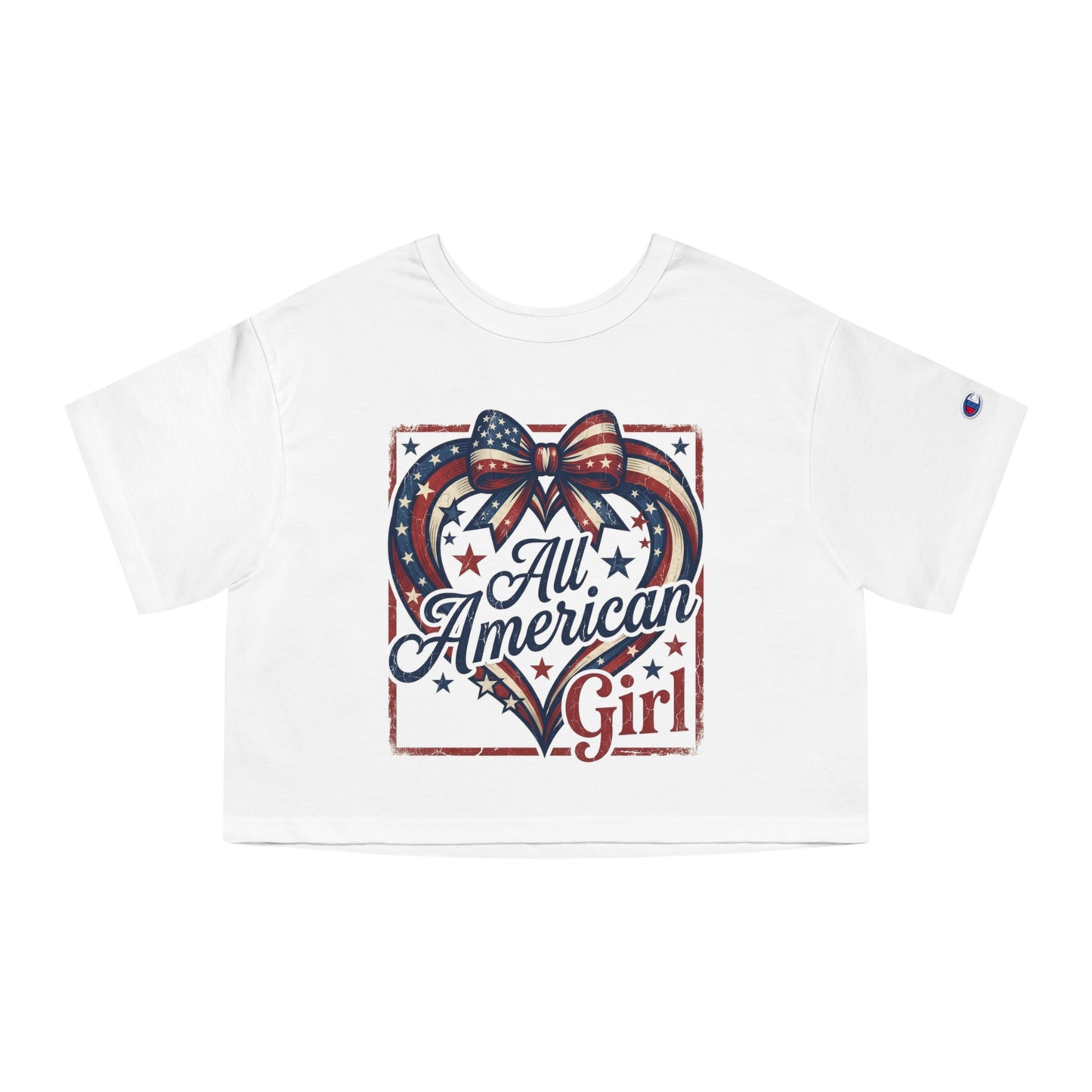 White crop top with a heart design featuring "All American Girl" text and American flag motif.