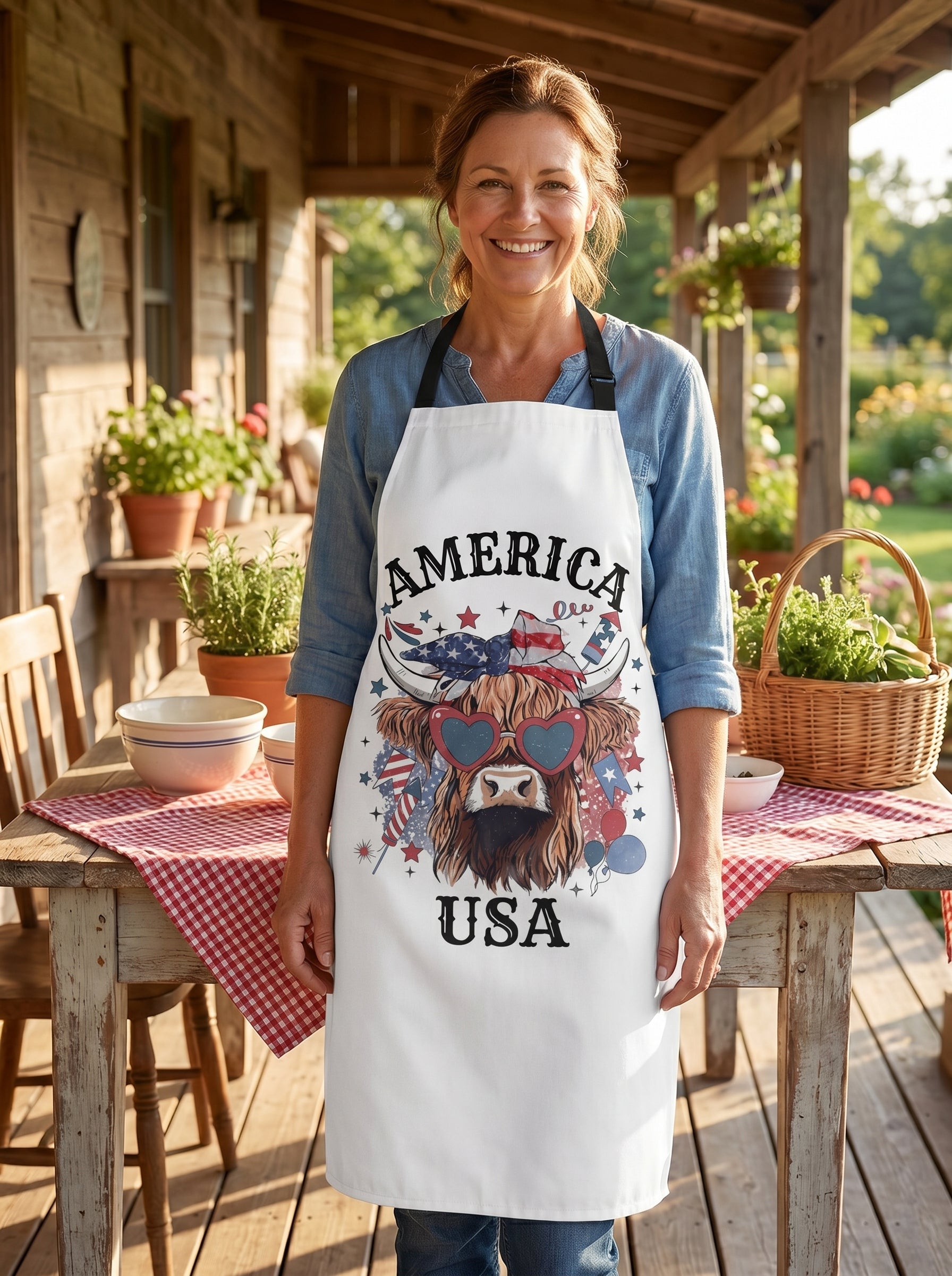 Lifestyle photo of woman wearing Americana Whimsy Cow apron in a farmhouse kitchen