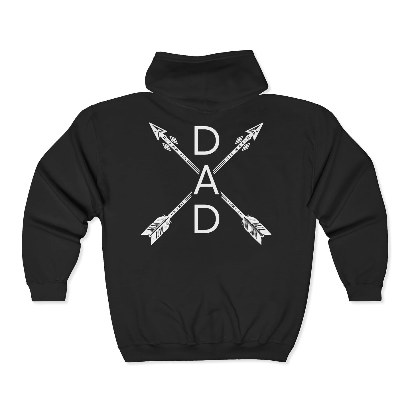 Black hoodie with white "DAD" text formed by crossed arrows.