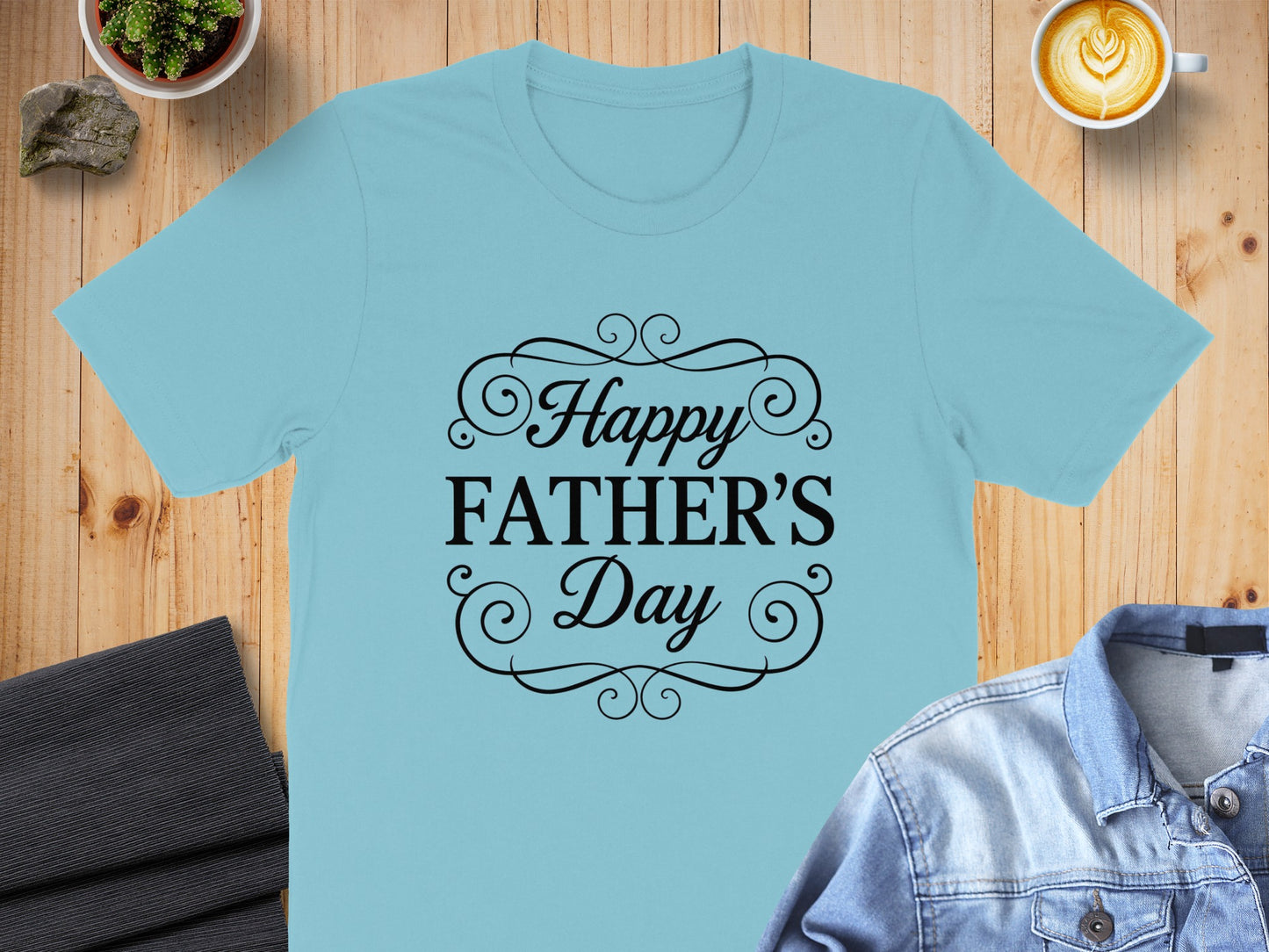 Light blue t-shirt with "Happy Father's Day" text design.