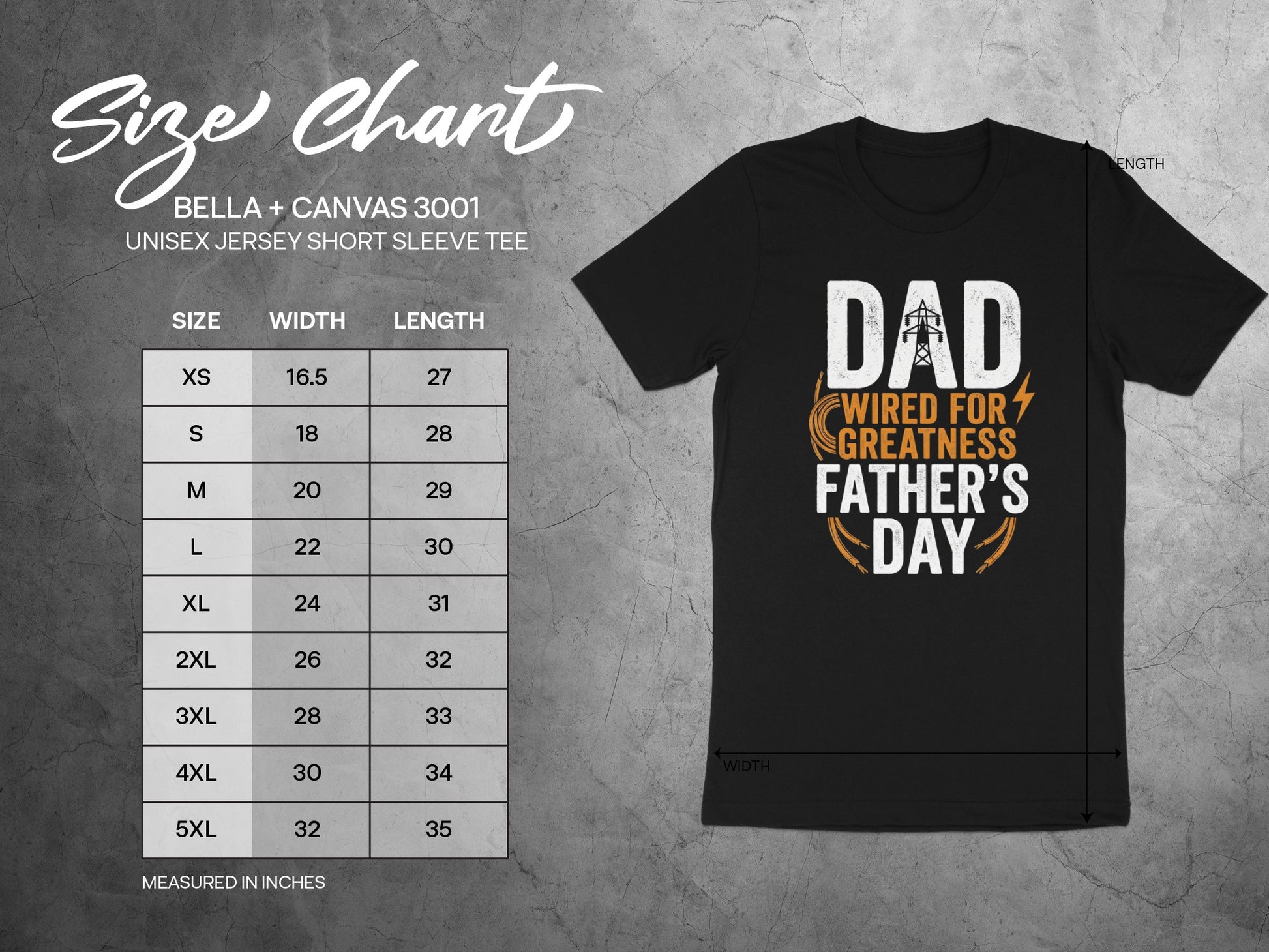 Size chart for Bella + Canvas 3001 unisex short sleeve tee with Father's Day graphic.