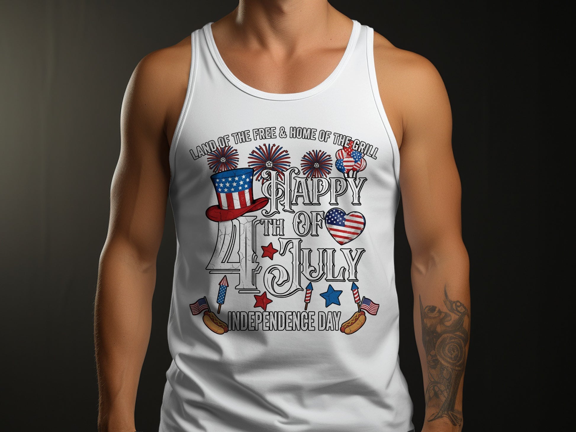 White tank top with "Happy 4th of July Independence Day" graphic.