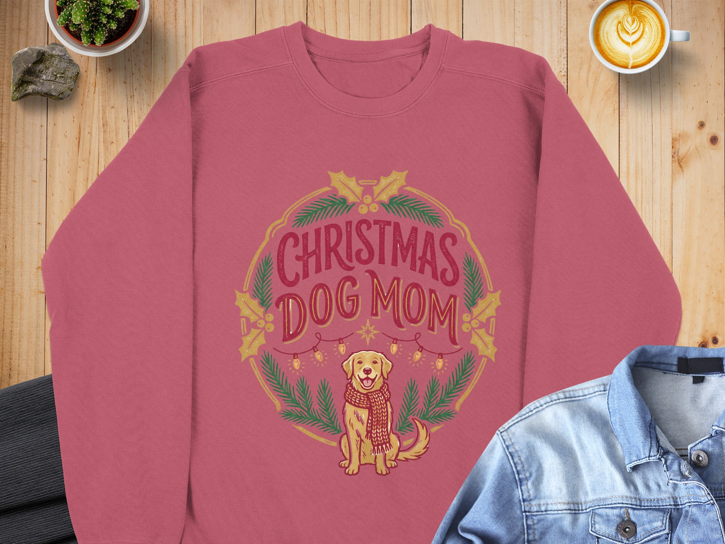 Rose pink sweatshirt with "Christmas Dog Mom" text and a cartoon dog.