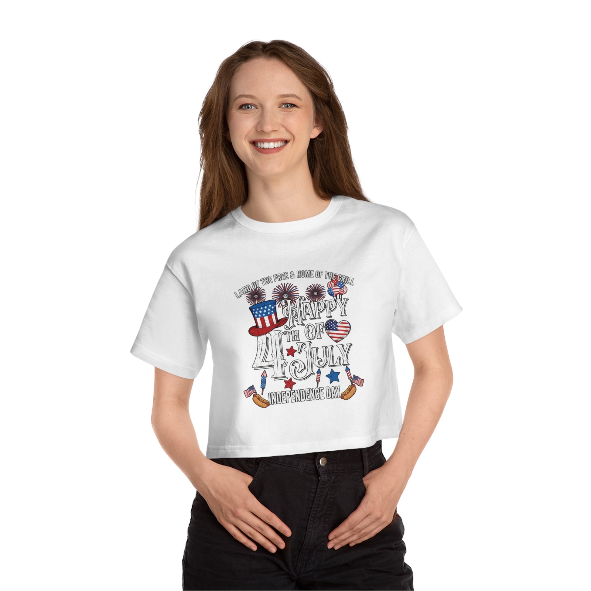 White cropped t-shirt with patriotic "Happy 4th of July Independence Day" graphic.