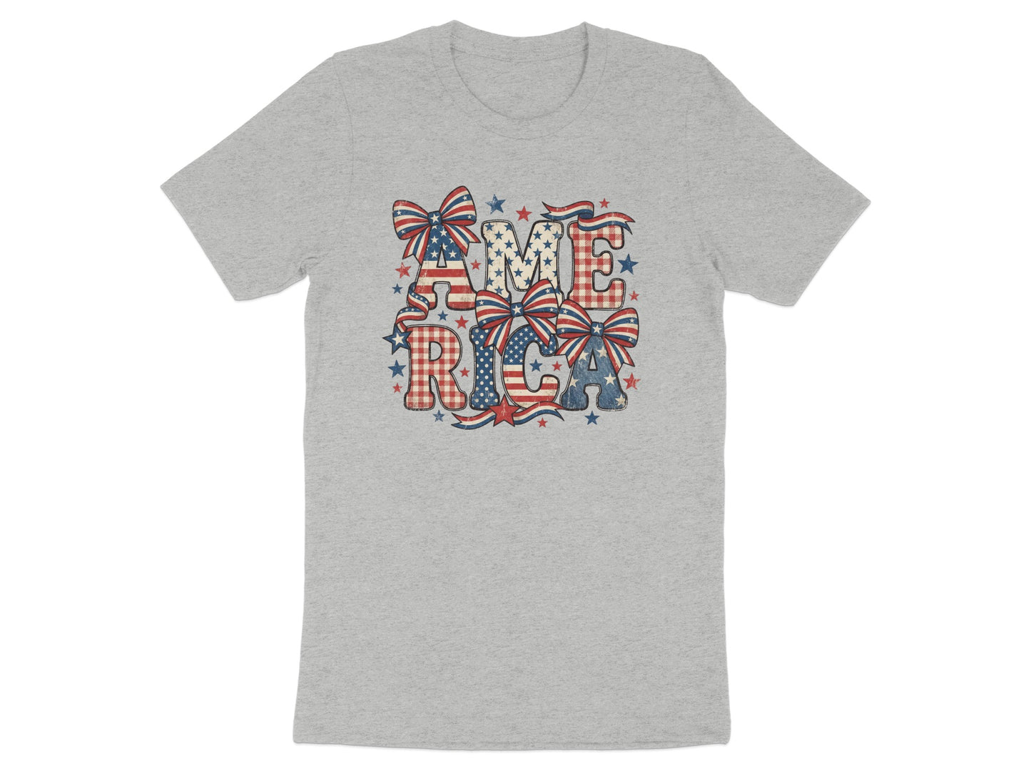Grey t-shirt with "AMERICA" in patriotic stars and stripes, red gingham bows.