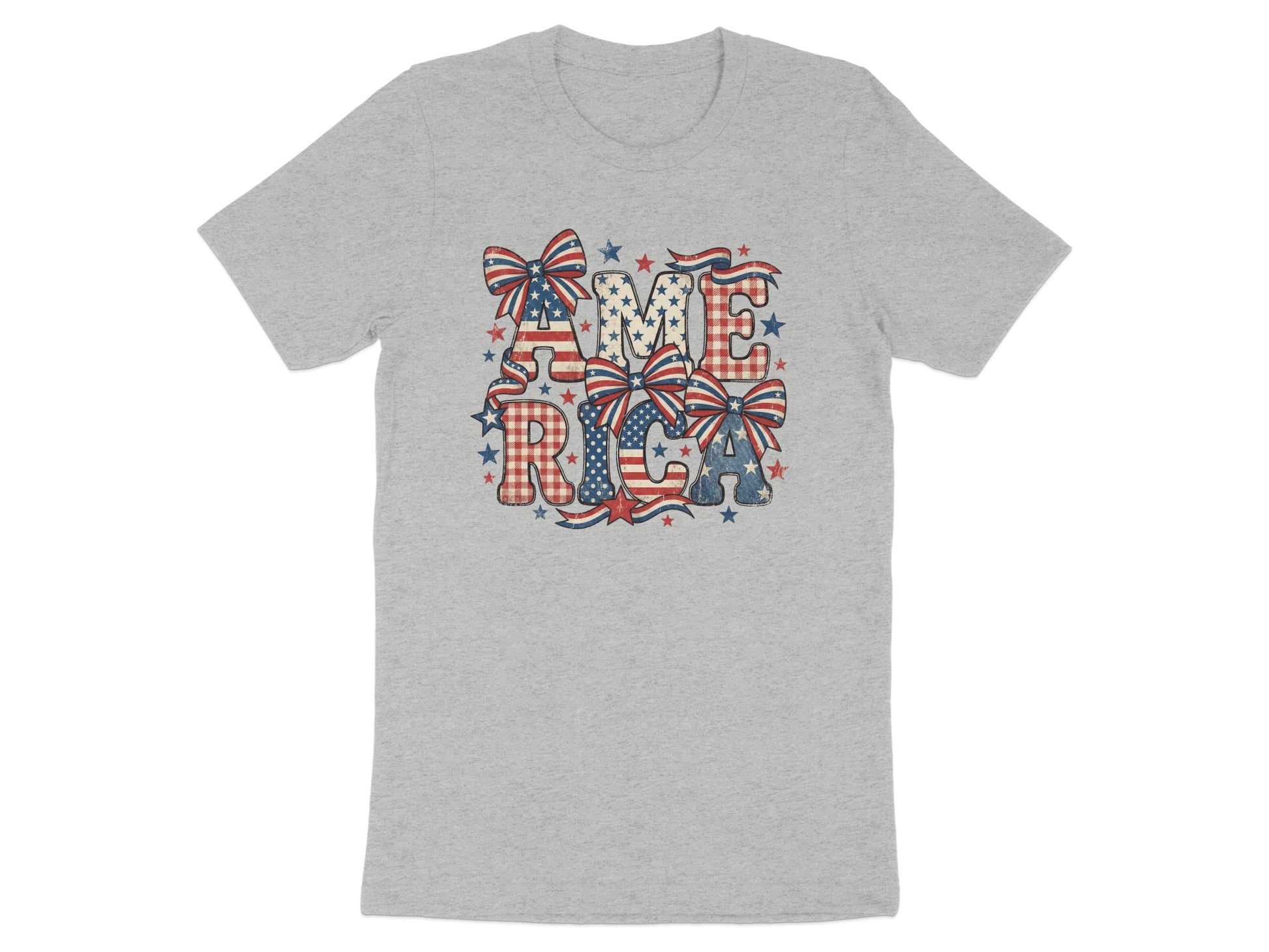 Grey t-shirt with "AMERICA" in patriotic stars and stripes, red gingham bows.