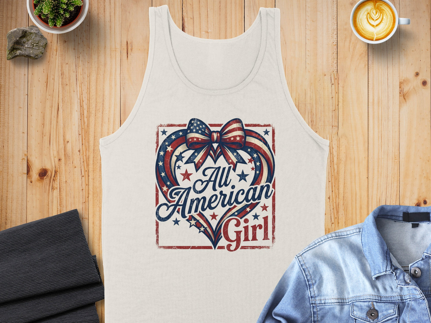 White tank top with "All American Girl" graphic featuring an American flag heart.