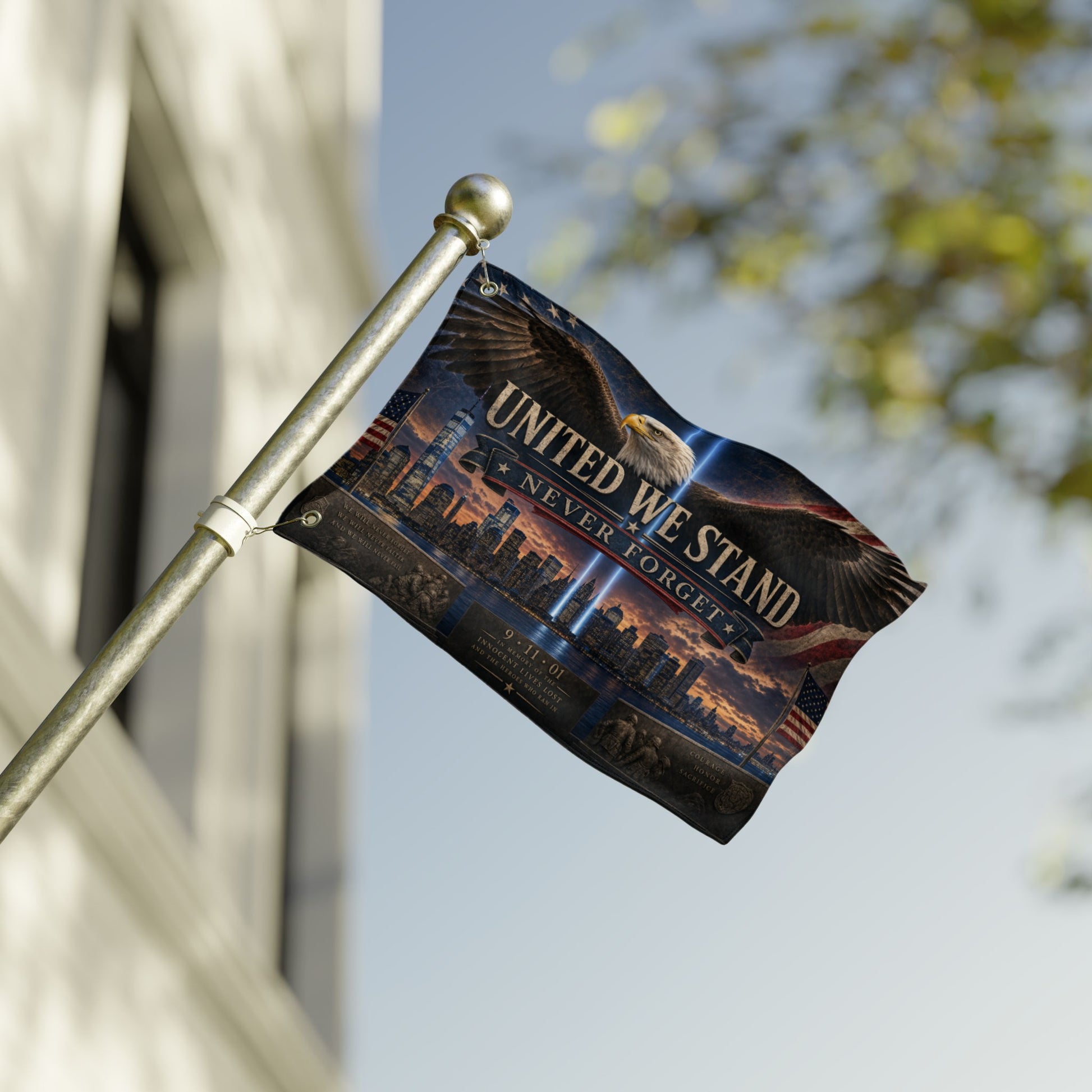 Flag with eagle, skyline, and 9/11 remembrance text.