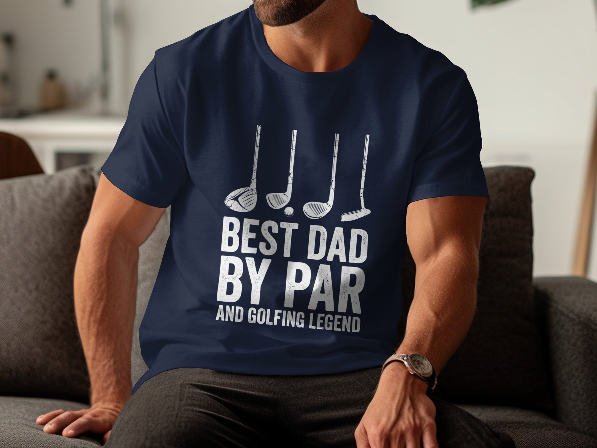 Navy t-shirt with golf clubs and "Best Dad By Par" text.