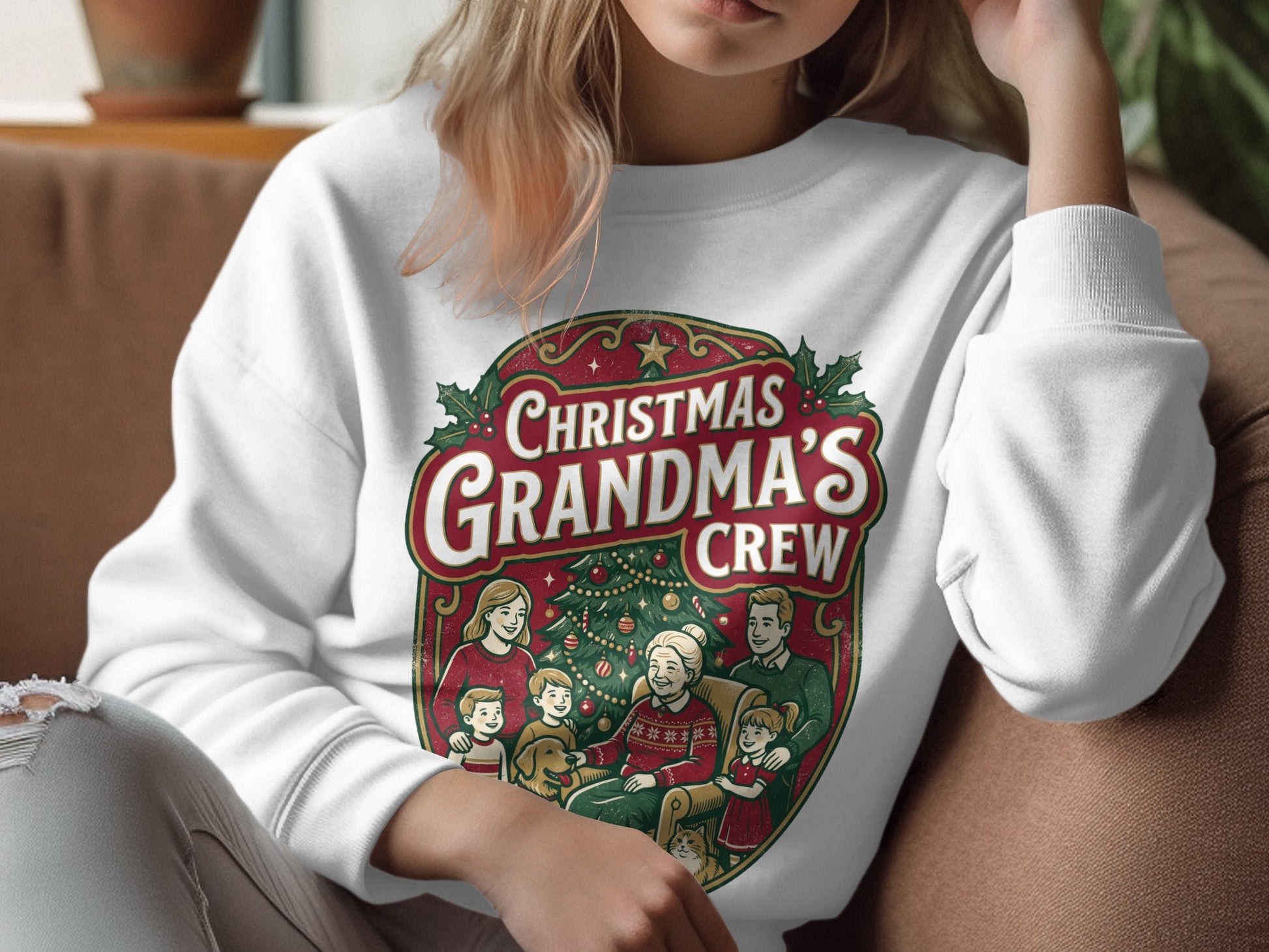 Christmas Grandma's Crew text with illustration of family around Christmas tree.
