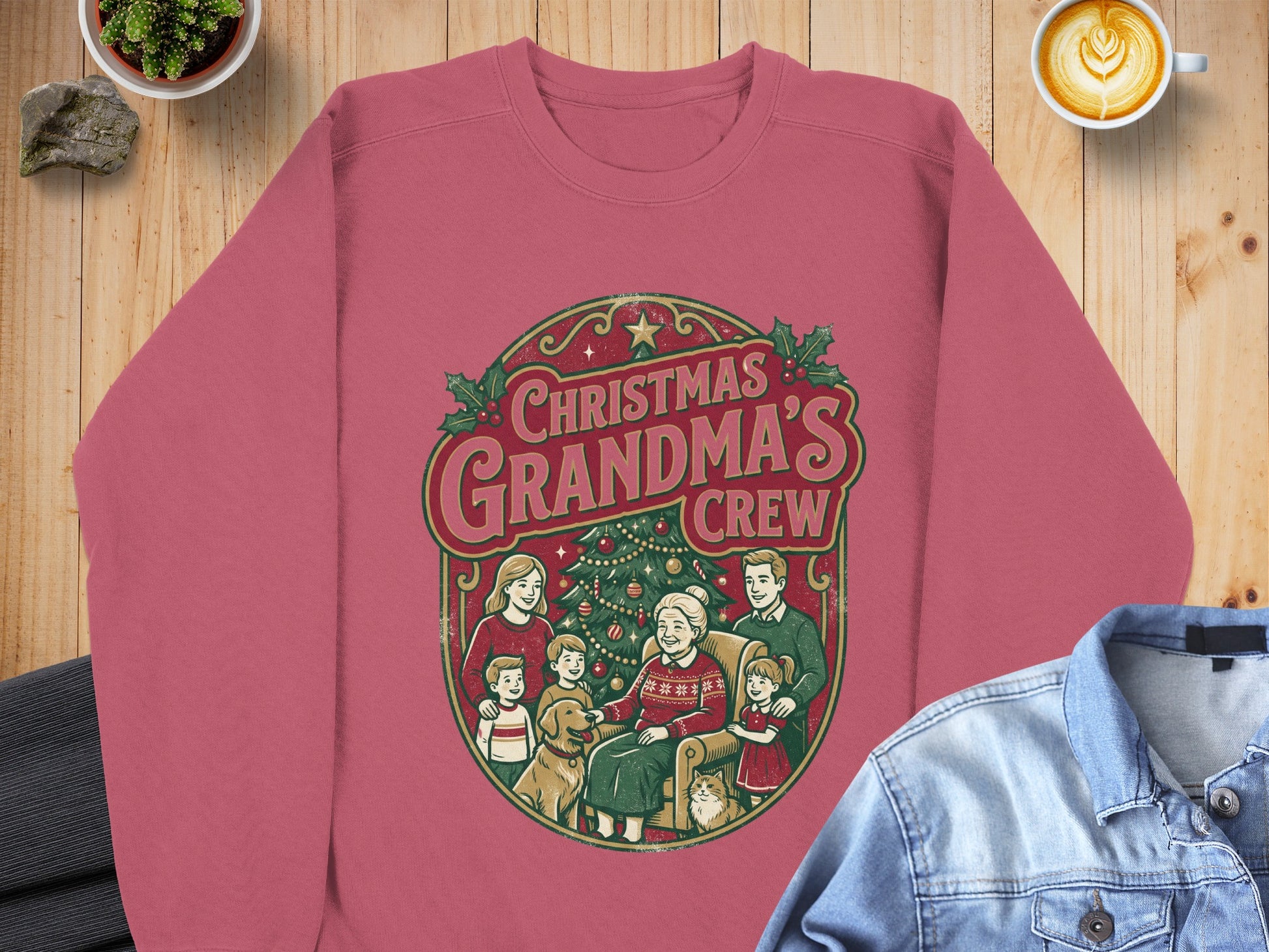 Christmas Grandma's Crew design with family, pets, and Christmas tree.
