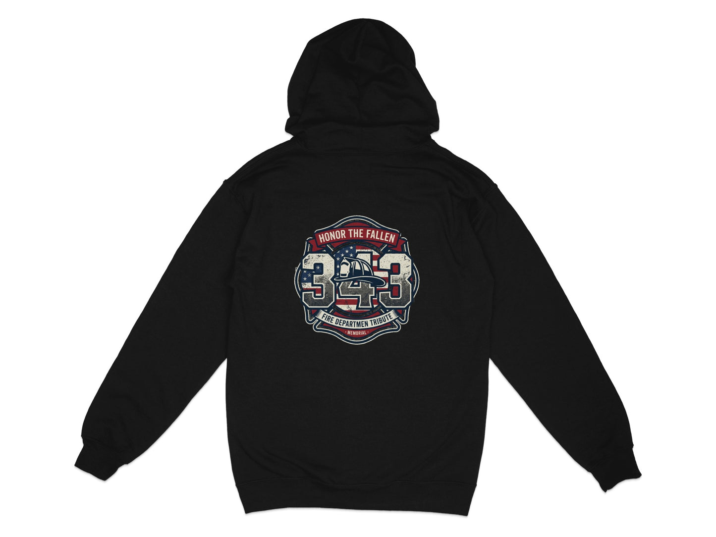 Black hooded sweatshirt with 343 Fire Department Tribute graphic.