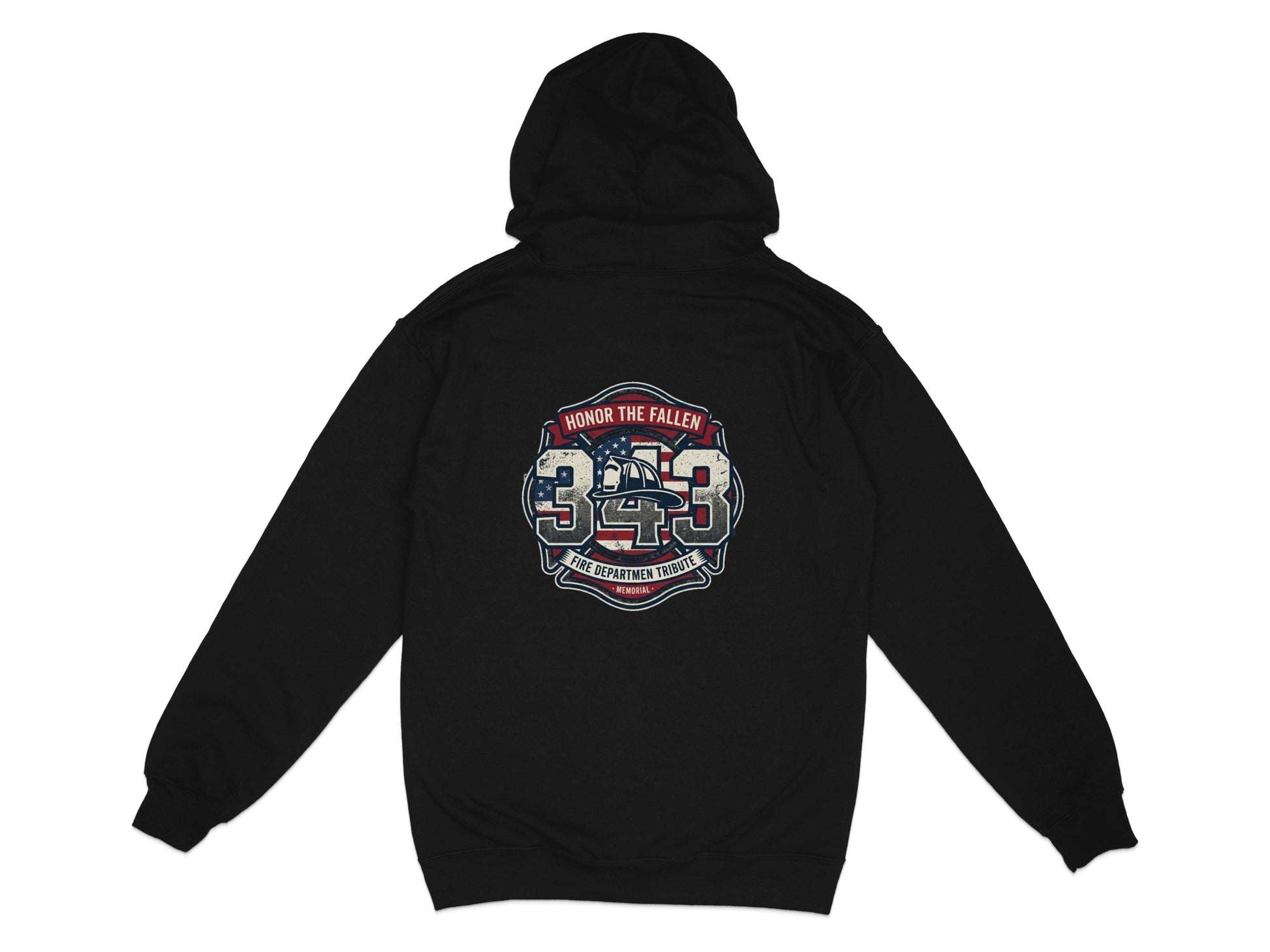 Black hooded sweatshirt with 343 Fire Department Tribute graphic.