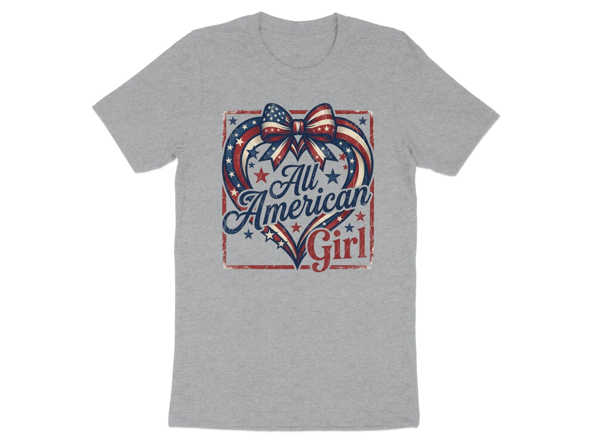 Grey t-shirt with a red, white, and blue heart design and "All American Girl" text.