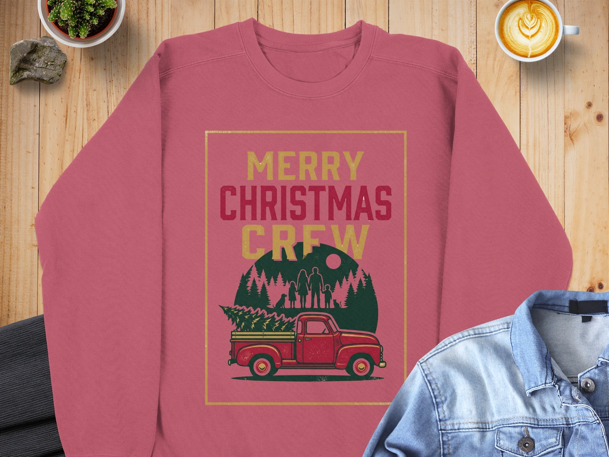 Merry Christmas Crew text with family, dog, and Christmas tree on red truck graphic.