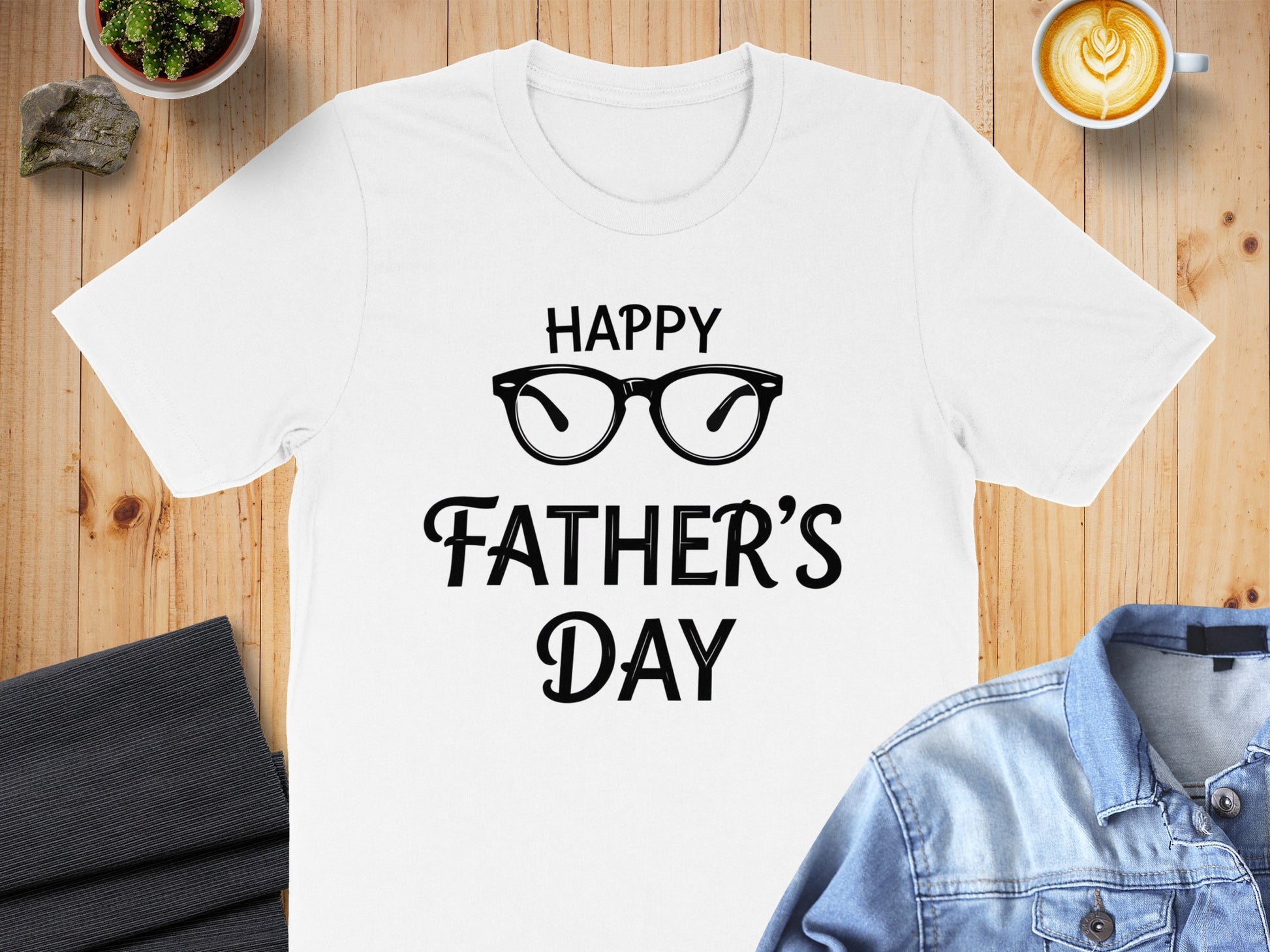White t-shirt with "Happy Father's Day" and glasses graphic.