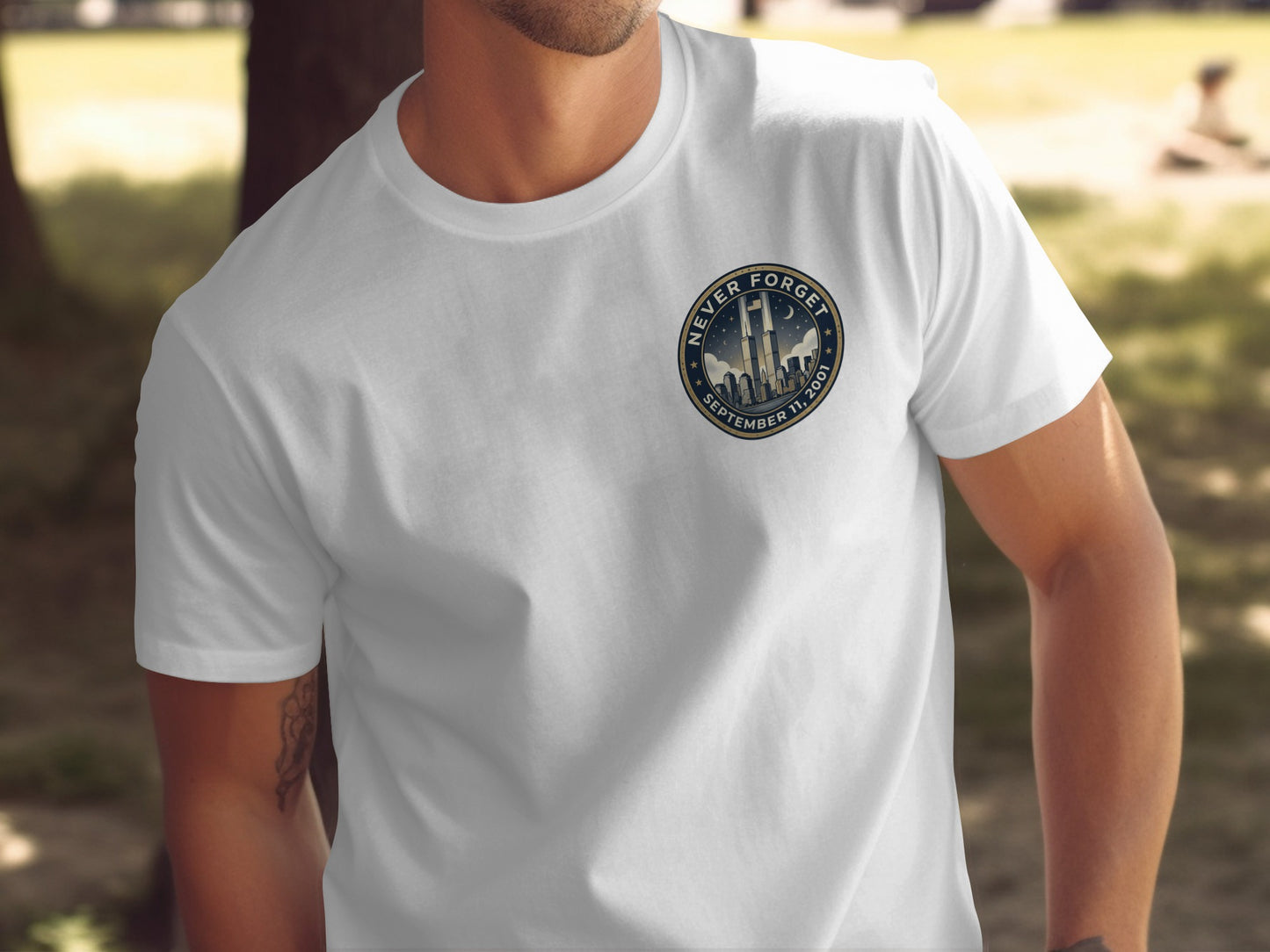 White t-shirt with "Never Forget September 11, 2001" text and Twin Towers emblem.