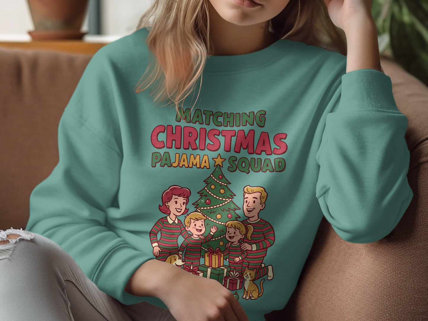 Matching Christmas Pajama Squad text with family, tree, gifts, dog, and cat illustration.