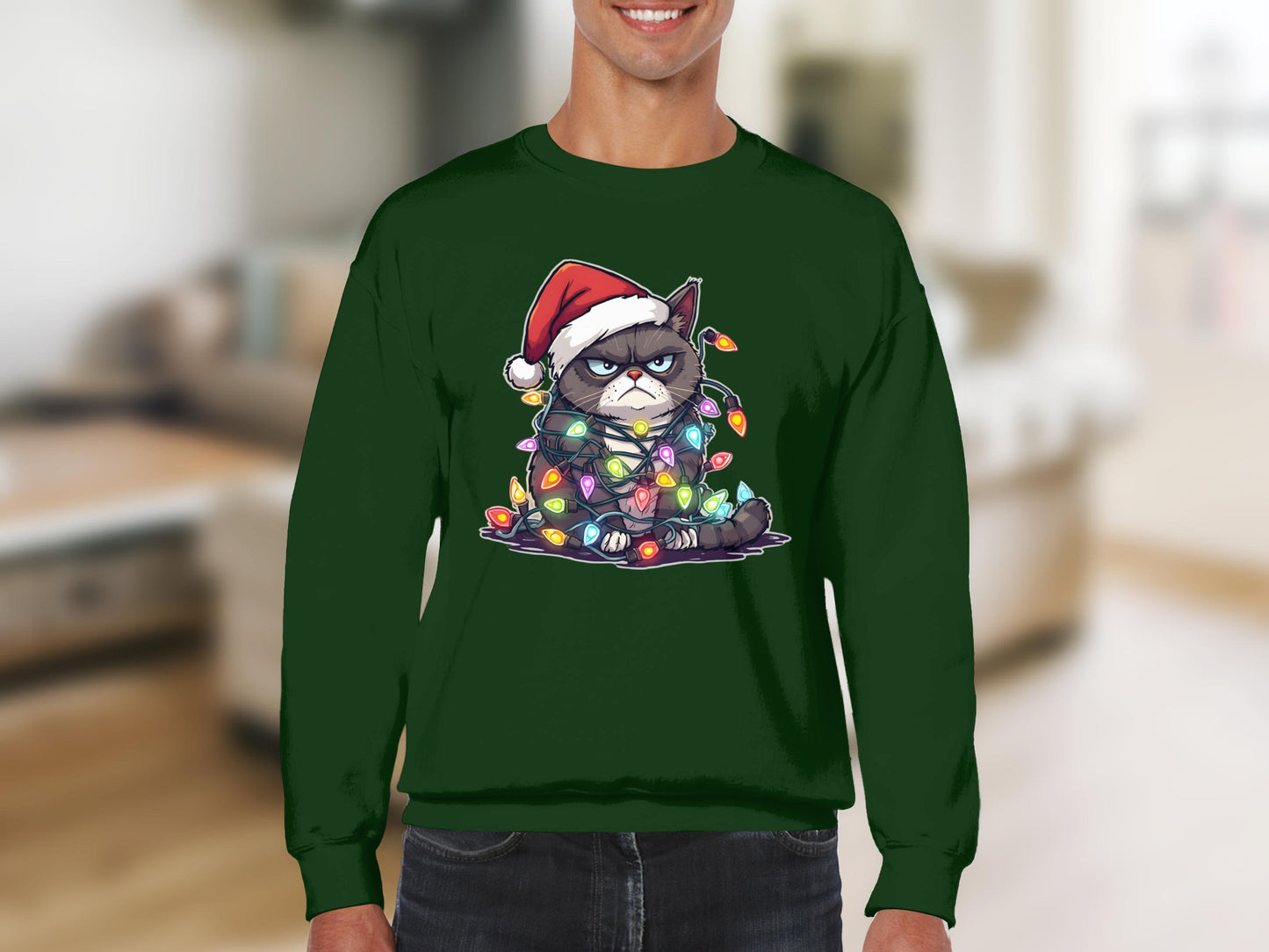 Grumpy Cat in Santa Hat with Christmas Lights Sweater