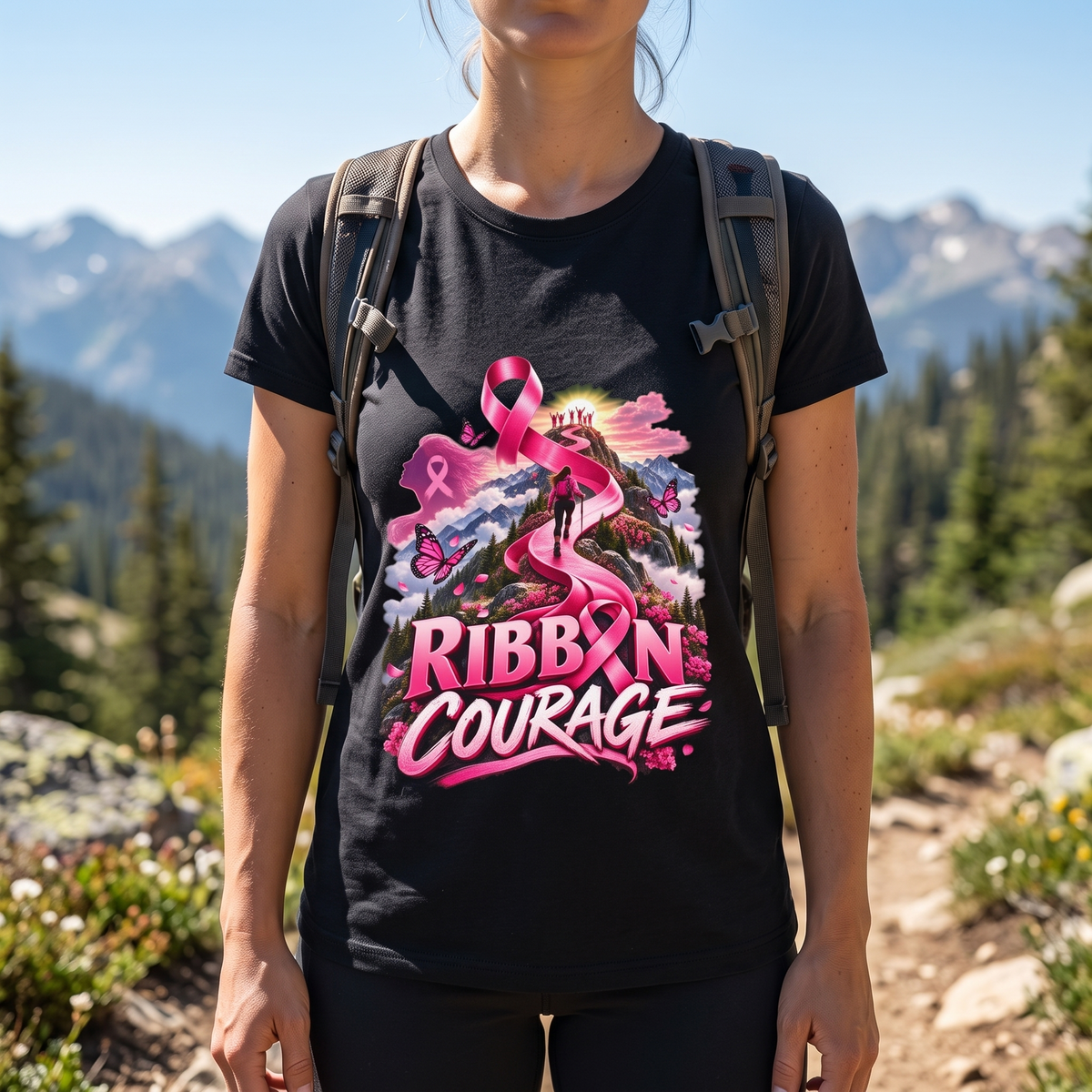 Woman wearing the Ribbon Courage breast cancer awareness t-shirt on a mountain hiking trail
