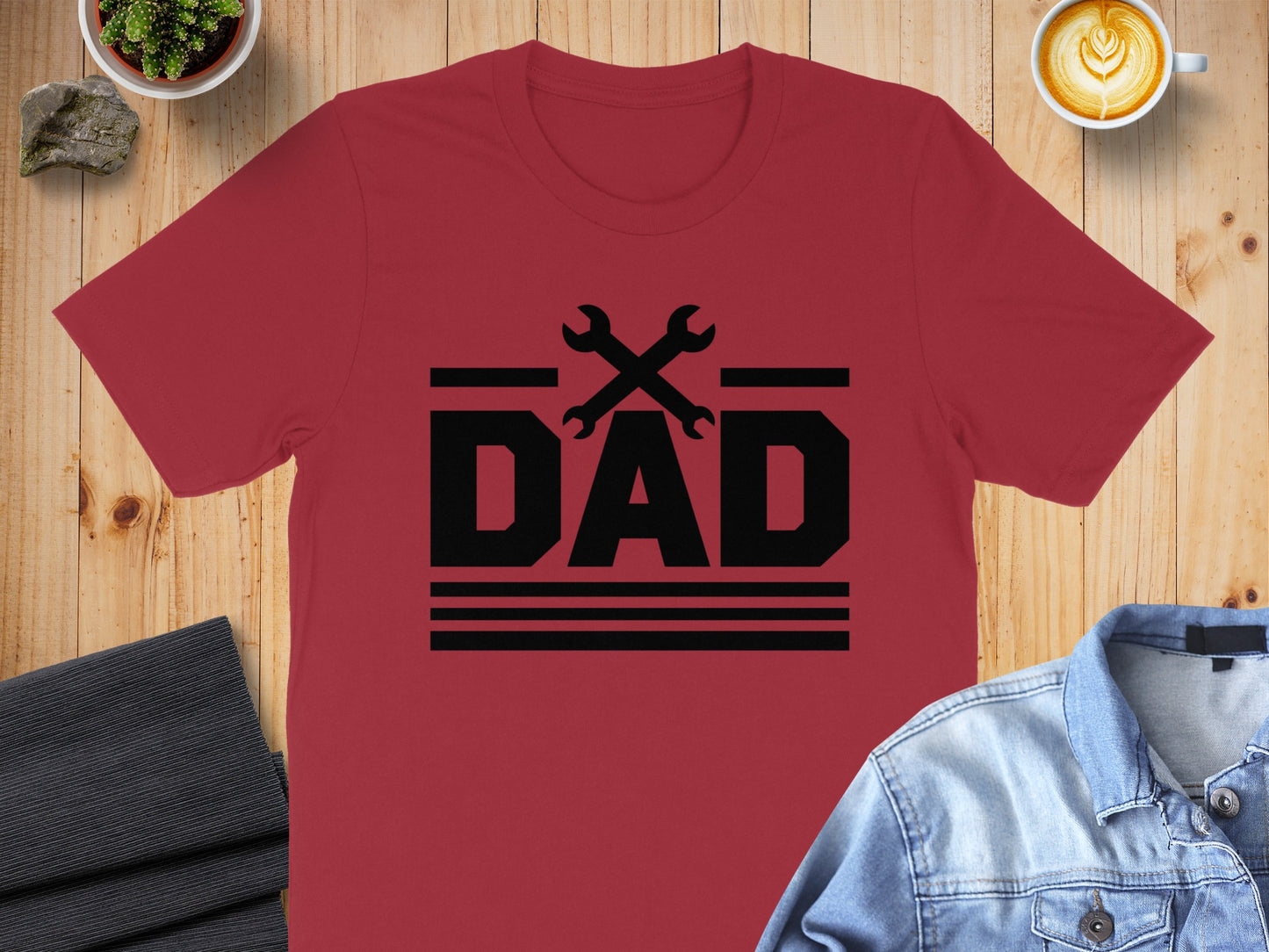 Red t-shirt with "DAD" text and crossed wrenches graphic.