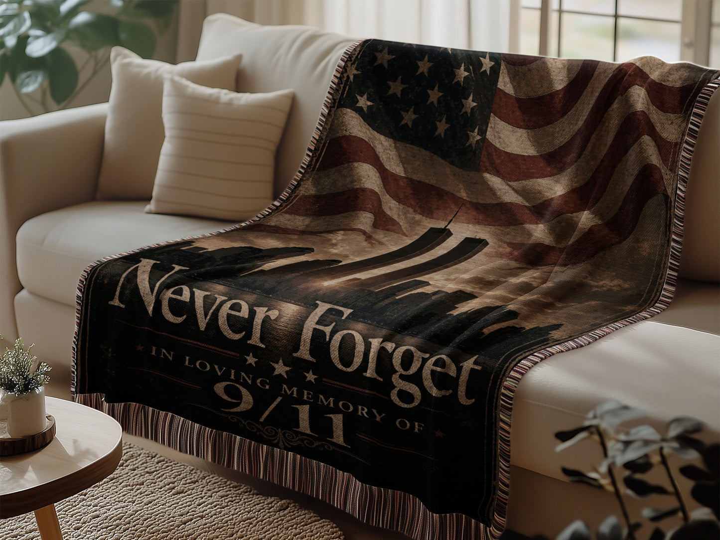 Woven blanket with American flag, Twin Towers, and "Never Forget" text.
