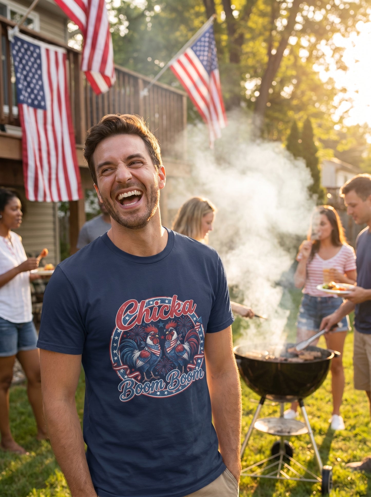 Lifestyle photo of man wearing Chicka Boom Boom American Rooster T-Shirt