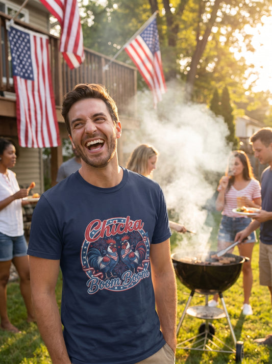 Lifestyle photo of man wearing Chicka Boom Boom American Rooster T-Shirt