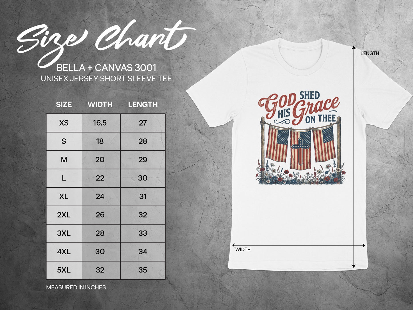 Size chart for Bella + Canvas 3001 unisex tee, with width and length measurements.