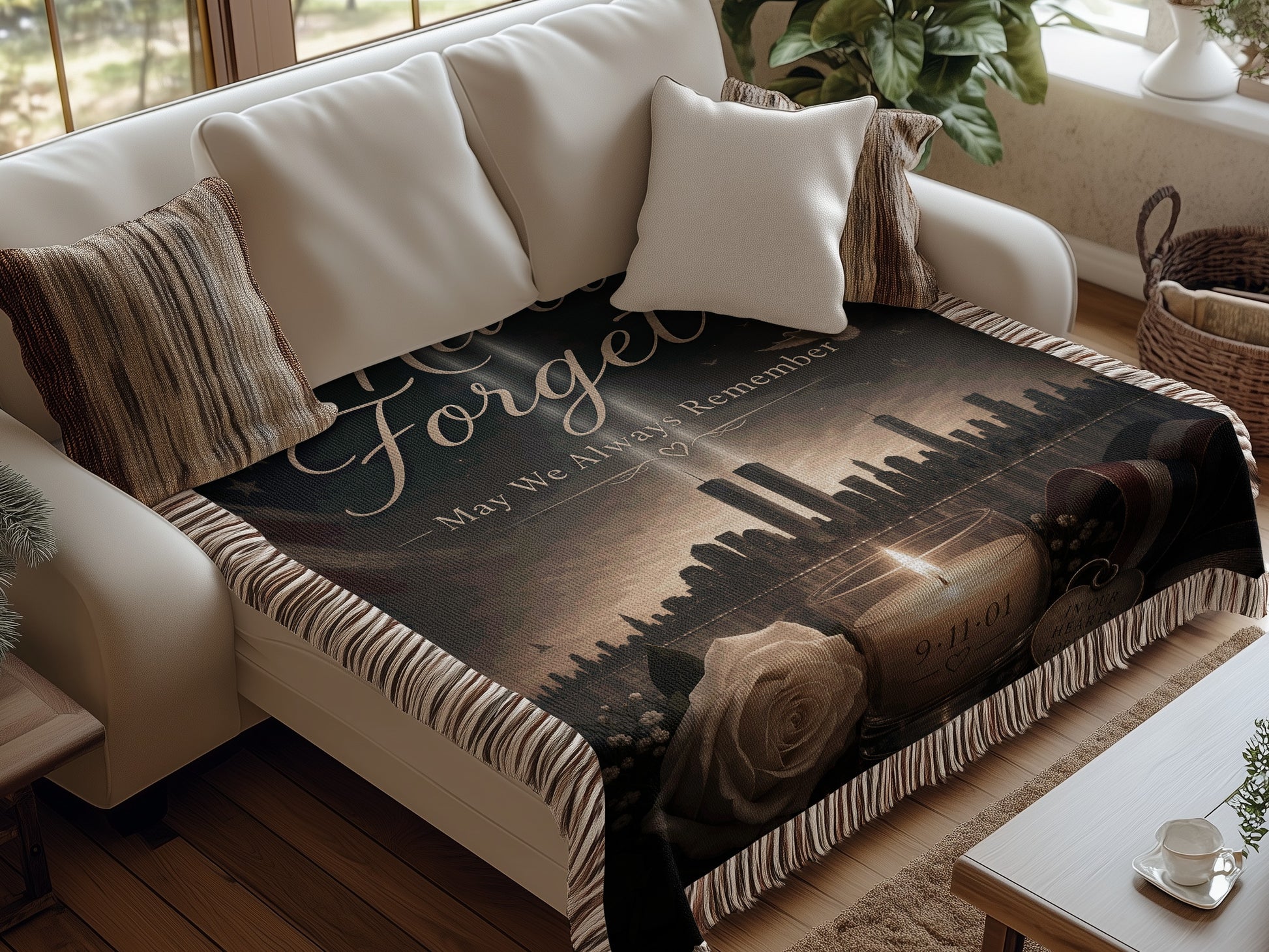 Tapestry blanket with skyline, candle, rose, and "Never Forget 9-11-01" text.