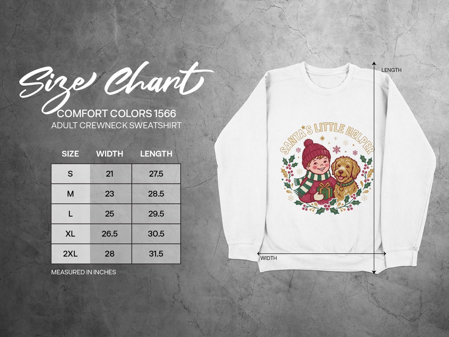 Size chart for white Comfort Colors 1566 adult crewneck sweatshirt with Santa's Little Helper graphic.