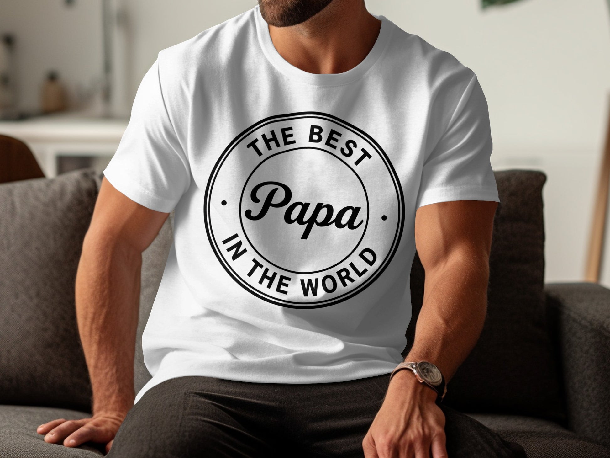 White t-shirt with "The Best Papa in the World" text design.