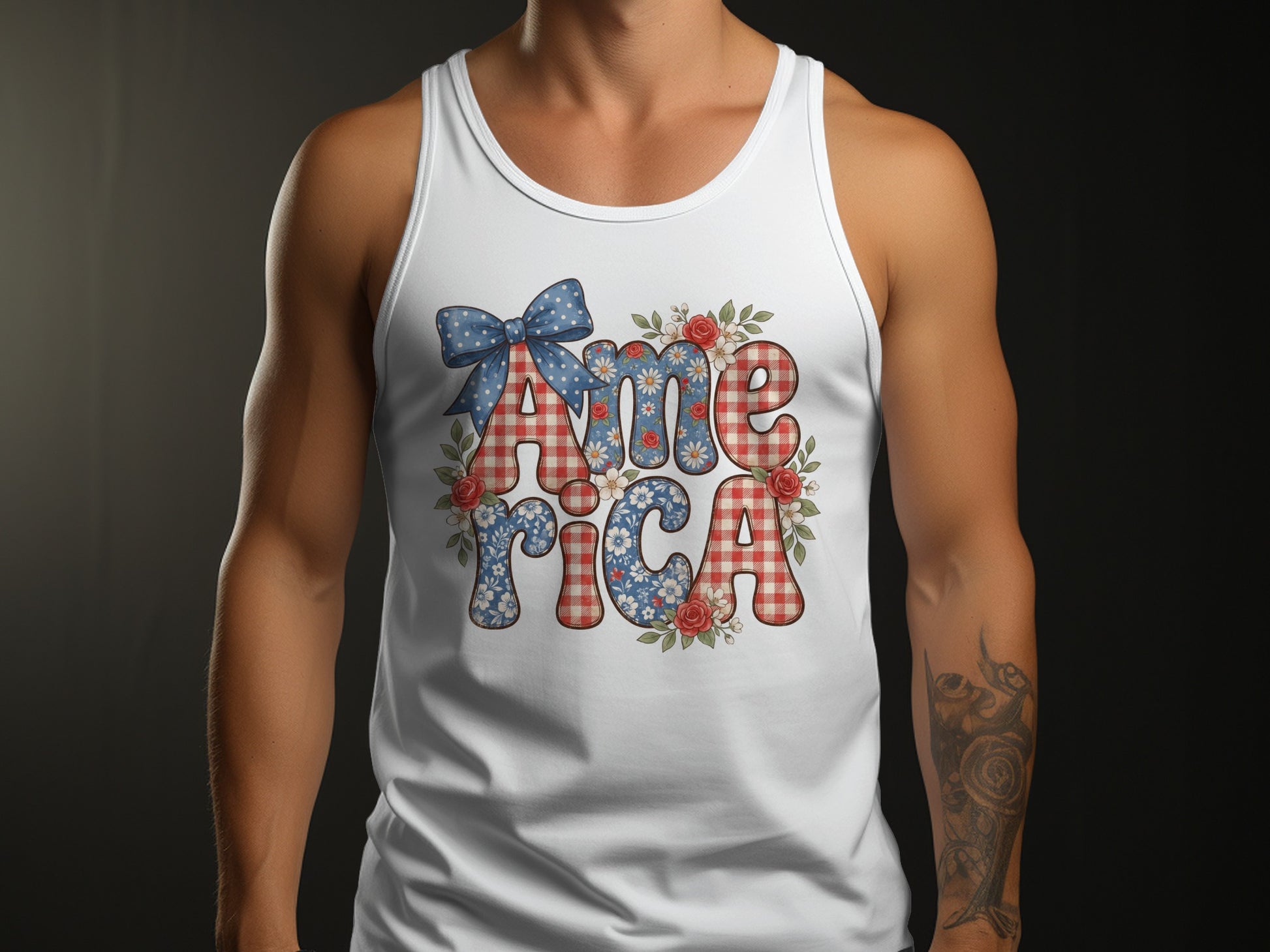 White tank top with "America" text in plaid and floral patterns.