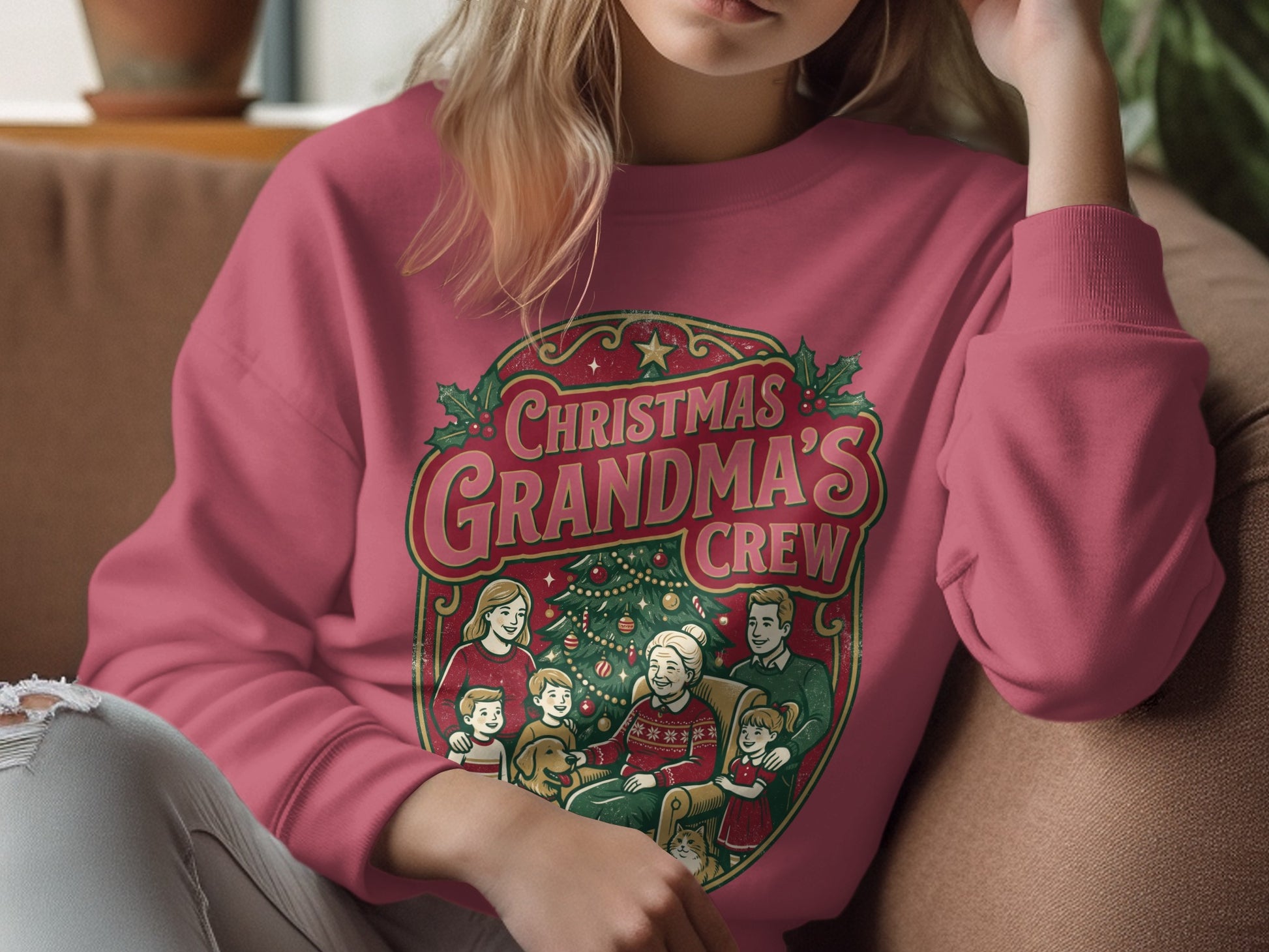 Christmas Grandma's Crew graphic with family and pets around a Christmas tree.