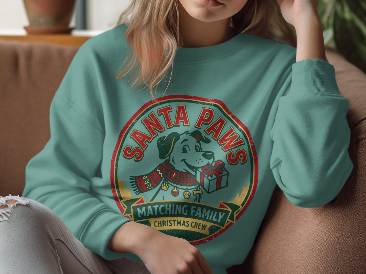 Teal sweatshirt with "Santa Paws Matching Family Christmas Crew" dog graphic.