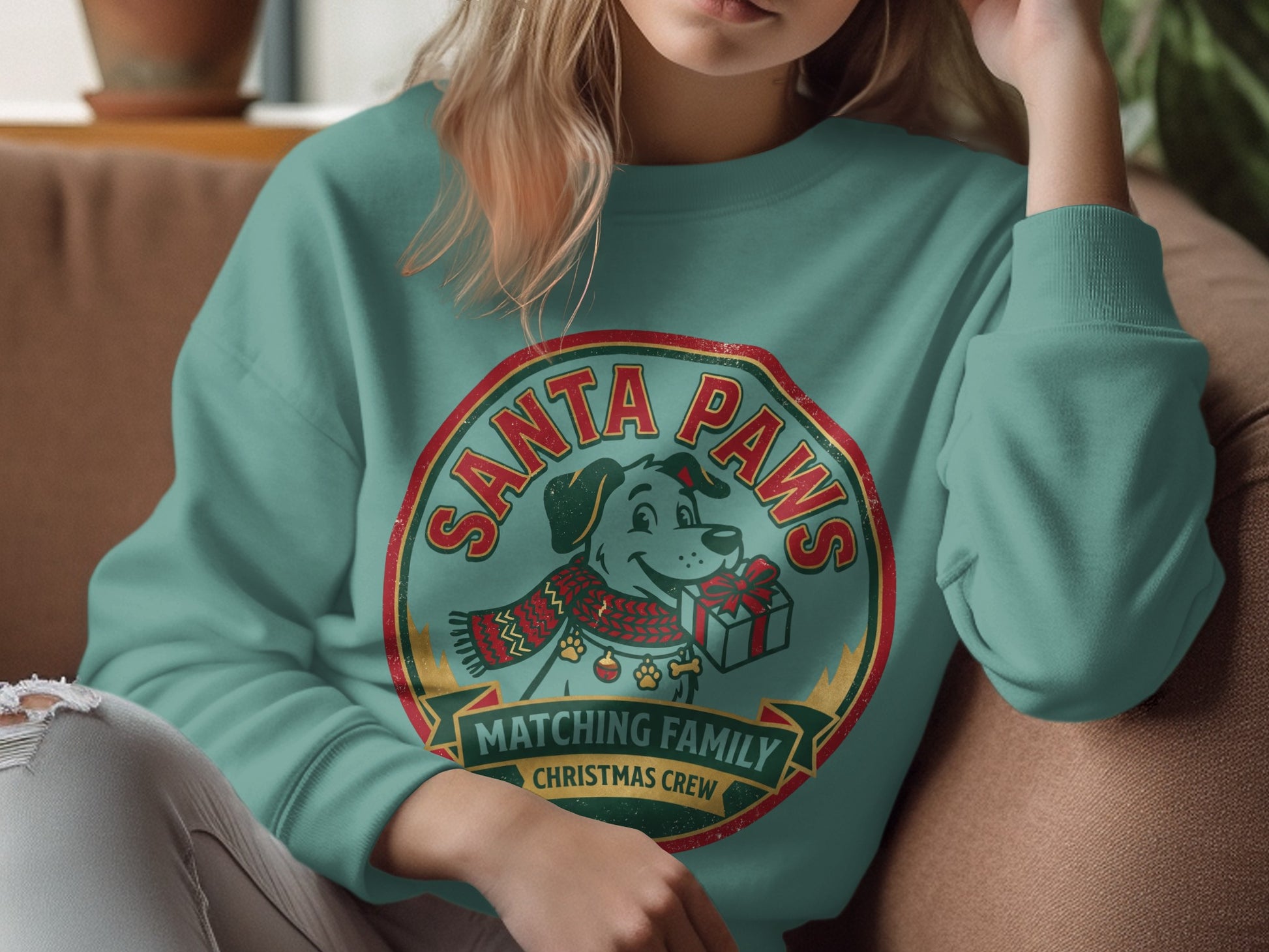 Teal sweatshirt with "Santa Paws Matching Family Christmas Crew" dog graphic.