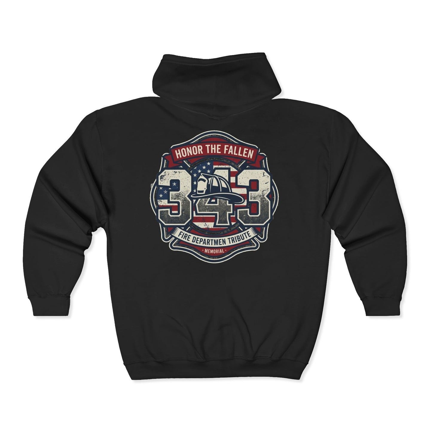 Black hoodie with distressed 343 Fire Department Tribute memorial logo.