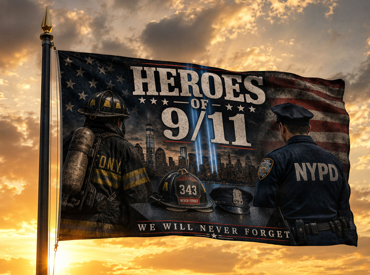 Heroes of 9/11 flag on flagpole against sunset sky