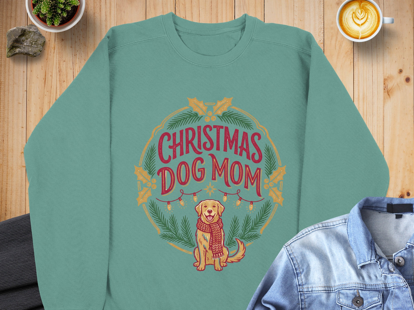 Green crewneck sweatshirt with "Christmas Dog Mom" text and a happy dog.
