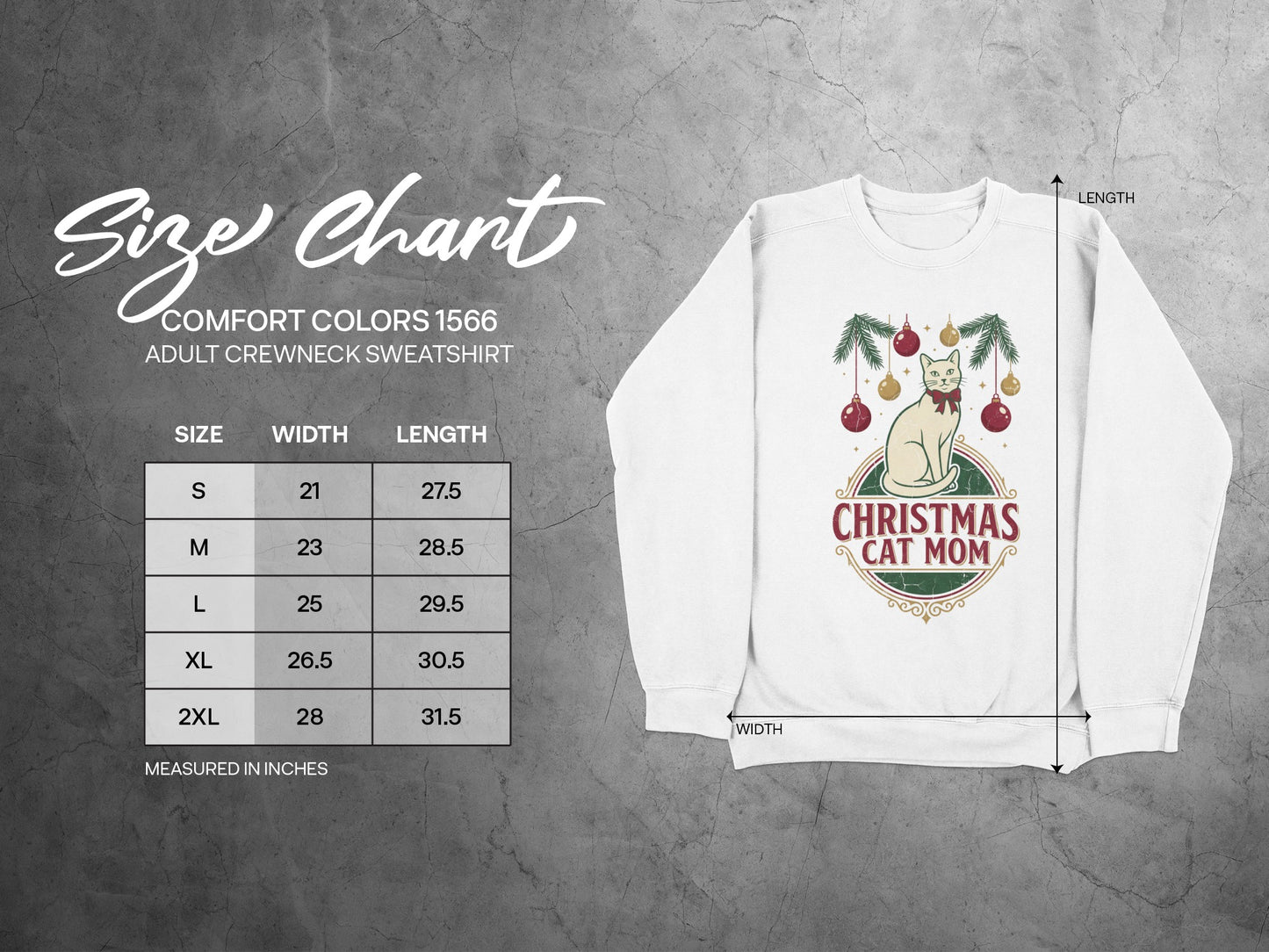 Comfort Colors 1566 adult crewneck sweatshirt size chart with width and length.