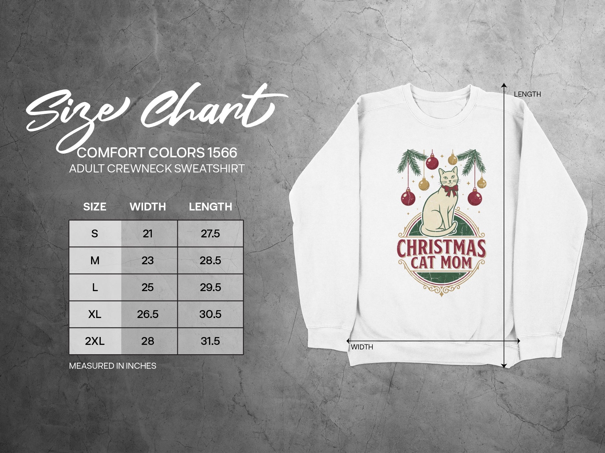 Comfort Colors 1566 adult crewneck sweatshirt size chart with width and length.