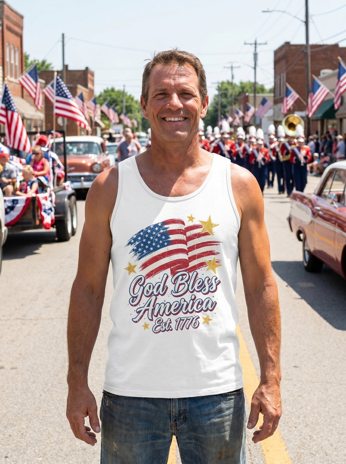 Lifestyle photo of man wearing God Bless America Vintage Flag Tank Top