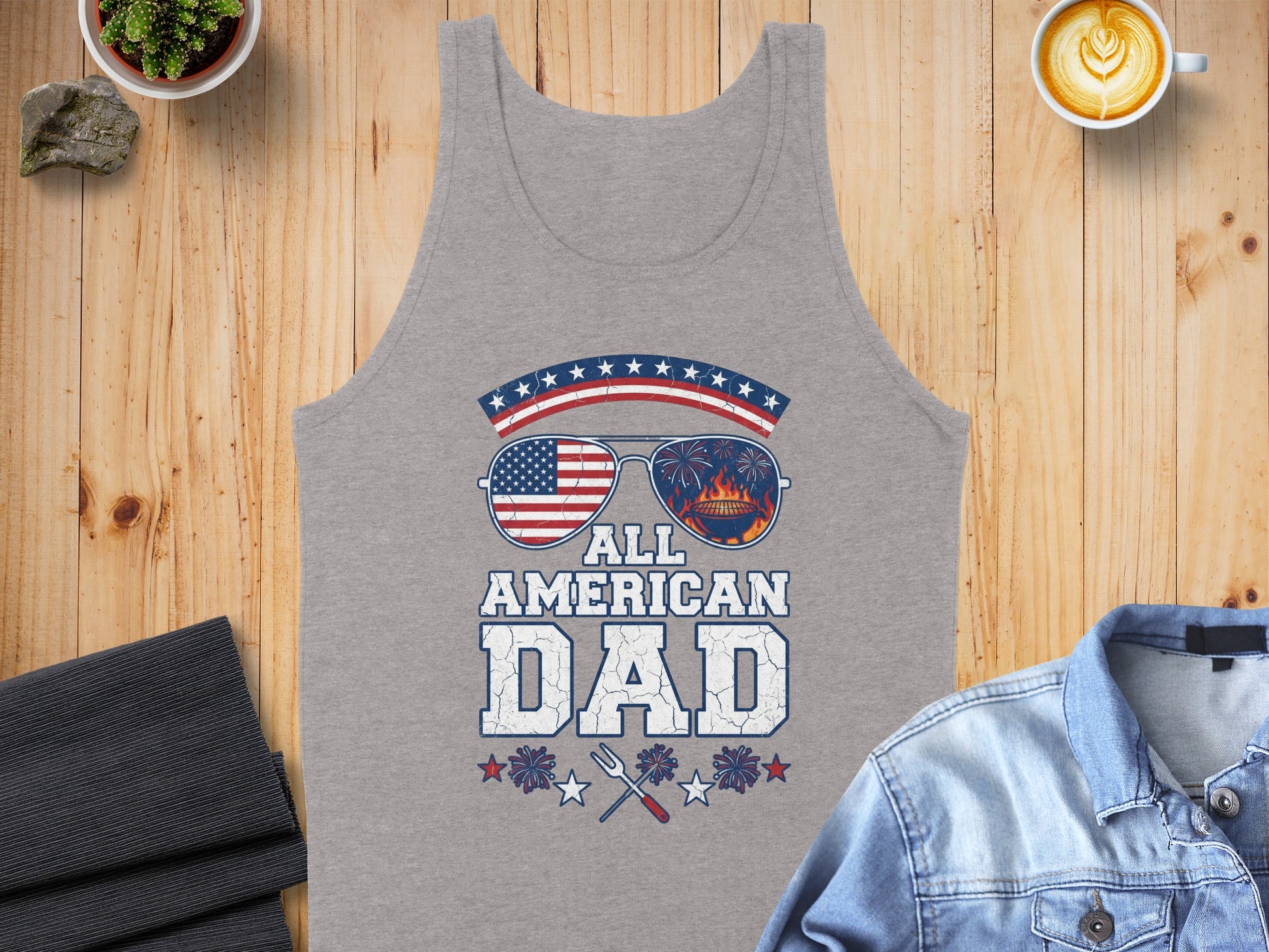 Grey tank top with "ALL AMERICAN DAD" text and patriotic graphics.