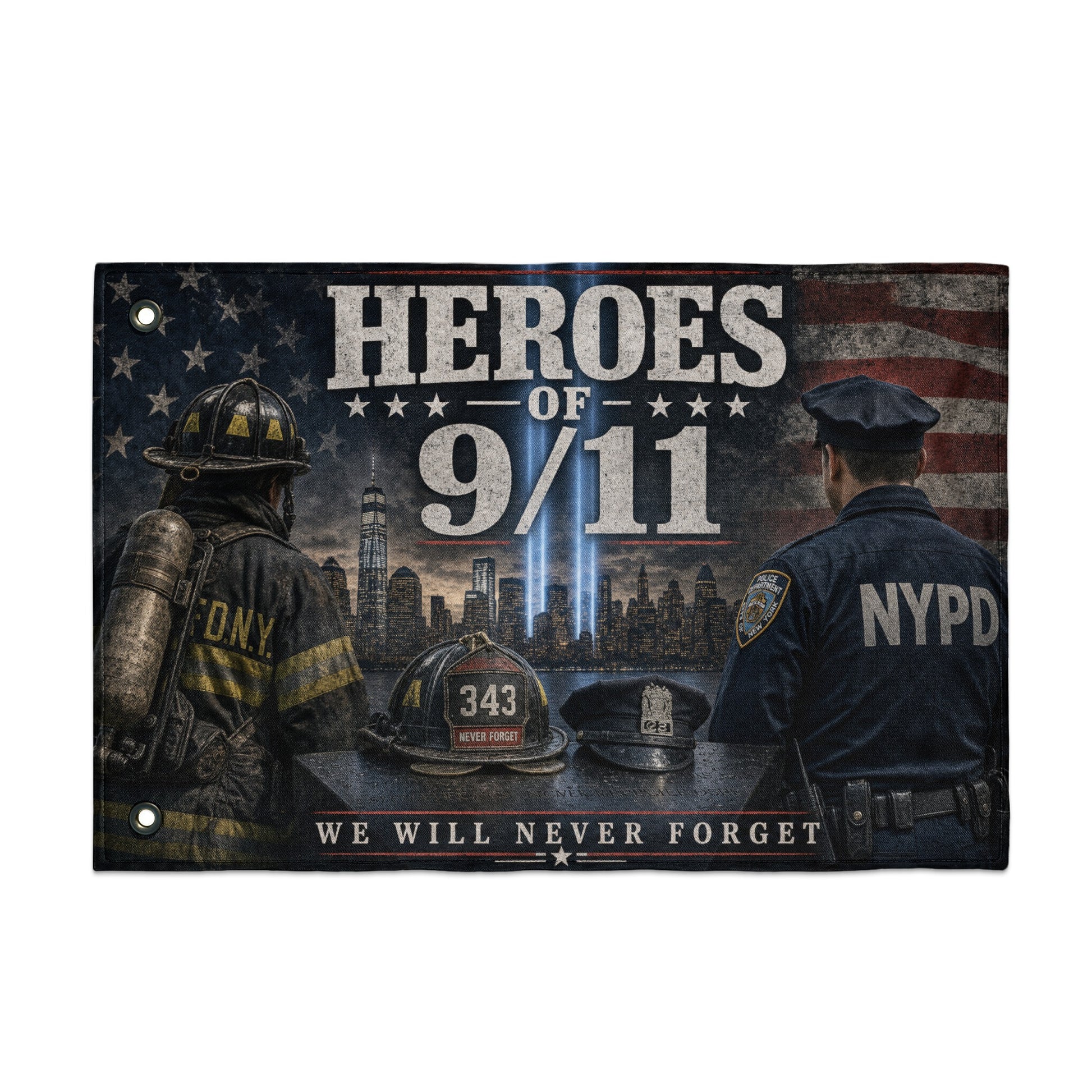 Heroes of 9/11 banner with firefighter, NYPD officer, and skyline.