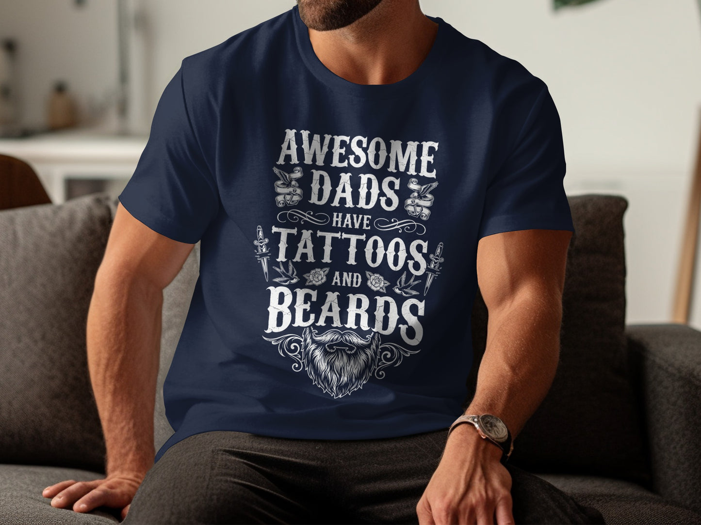 Navy t-shirt with "Awesome Dads Have Tattoos and Beards" text and beard graphic.
