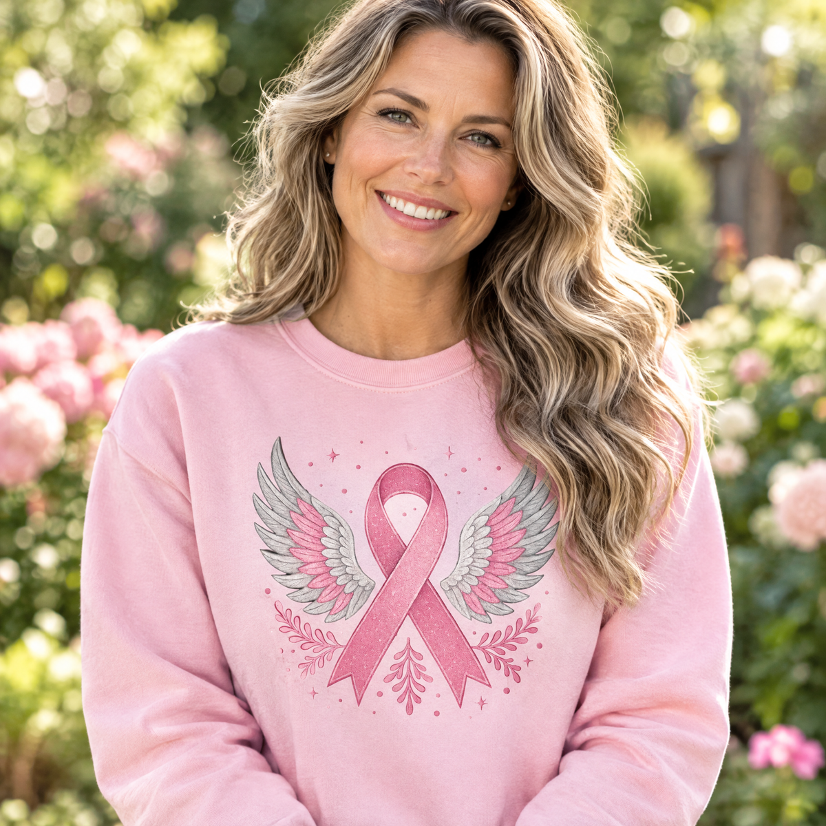 Woman wearing the Angel Wings Pink Ribbon Awareness Collection breast cancer awareness sweatshirt