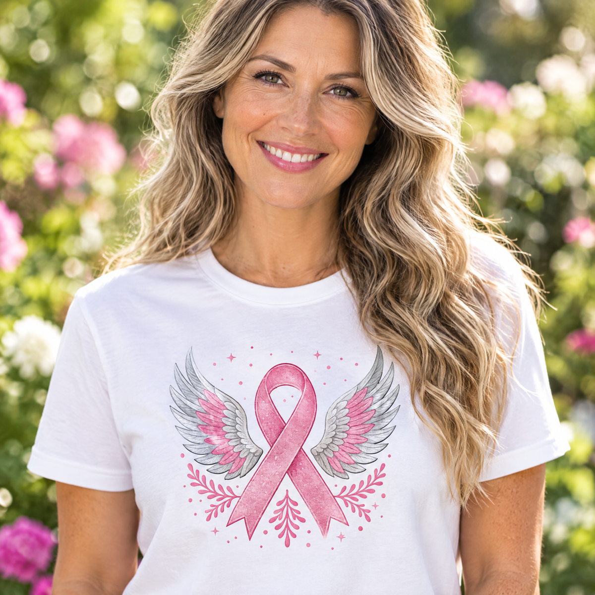 Woman wearing the Angel Wings Pink Ribbon Awareness Collection breast cancer awareness t-shirt